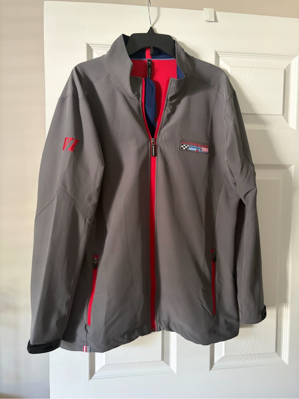 New Porsche Men's Gray Softshell Jacket with Red Trim